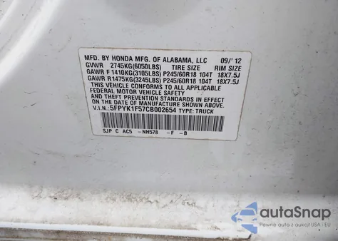 2012 Honda Ridgeline Rtl z USA, uszkodzony, nr VIN 5FPYK1F57CB002654